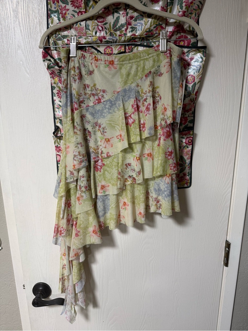 Asymmetrical Floral Ruffle Skirt in Cream with Pink & Green